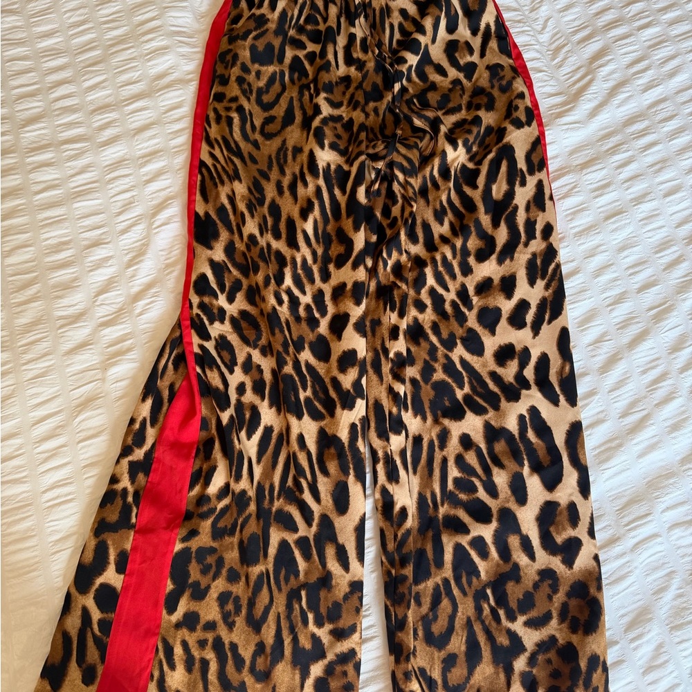 Leopard Print Wide Leg Pants with Red Side Stripe